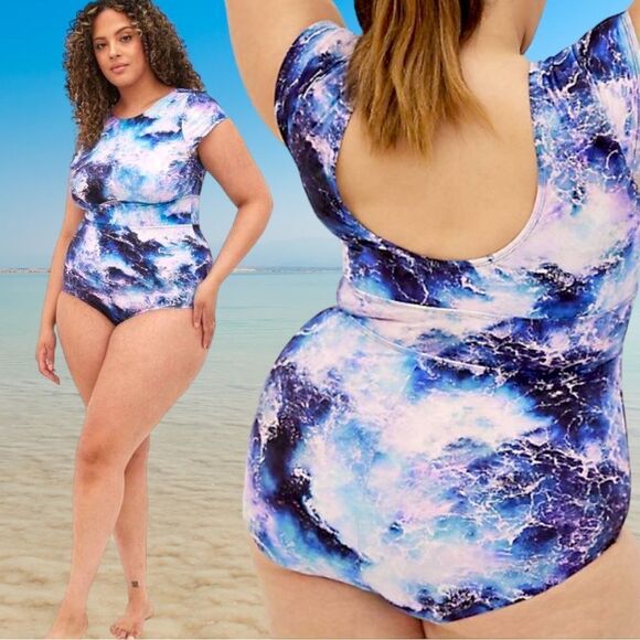 Torrid Blue Ocean Waves Active Wireless Scoop Back One Piece Swimsuit NEW - Picture 2 of 14